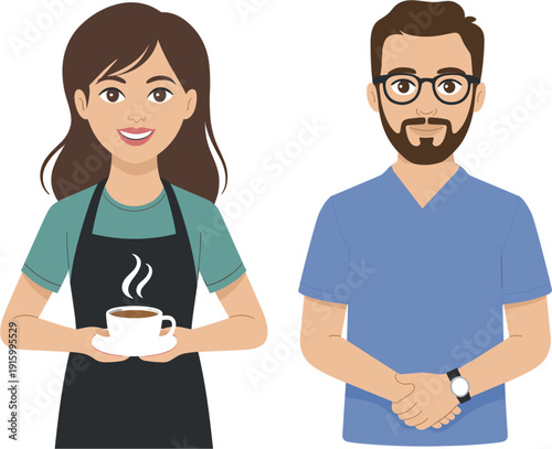 Professional female barista character in black apron holding a steaming cup of coffee and a male nurse in blue medical scrubs flat vector