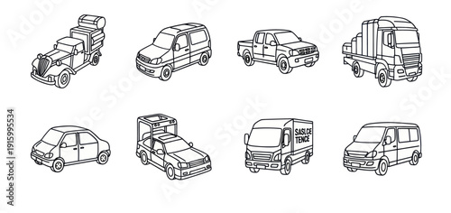 Black and white line drawing of various vehicle types including trucks, vans, cars, and delivery vehicles for transportation and logistics design projects