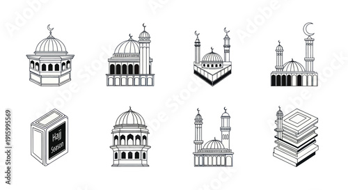 Black and white vector icons of mosques and Islamic book with Hajj season text, Islamic religious symbols for Ramadan and Hajj designs