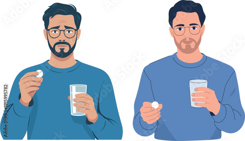Professional male characters holding a glass of water and a medicinal pill, health care and pharmaceutical treatment concept flat vector