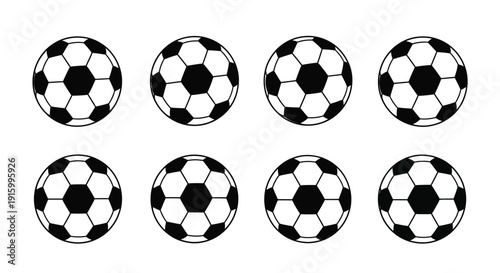 A collection of eight classic black and white stylized soccer balls are perfectly arranged in two neat rows against a bright white background illustrating sports equipment design elements.