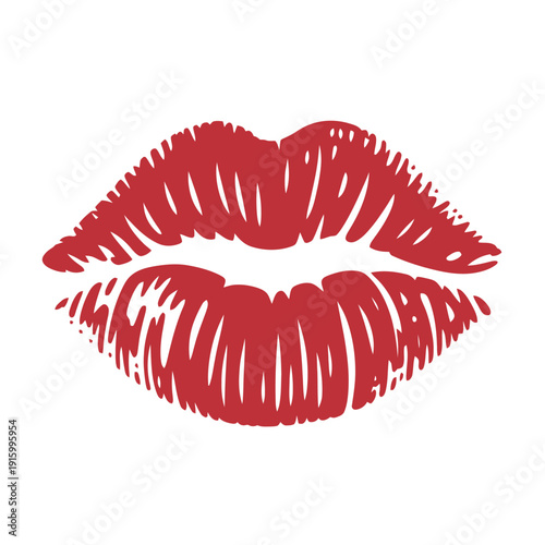 Vibrant red lipstick impression creates a sensual kiss mark graphic symbolizing romance or affectionate.