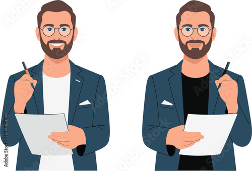 Professional smiling businessman character wearing glasses and blazer holding clipboard and pen for signing documents flat vector
