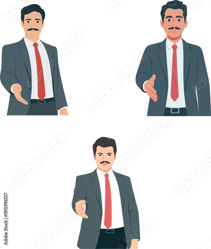 Professional Successful Middle Aged Businessman Wearing Suit and Red Tie Reaching Out for Handshake Deal Partnership Concept Flat Vector Illustration Isolated on White Background