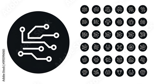Circuit board icons set, computer chips and electronic connections symbols isolated on white background