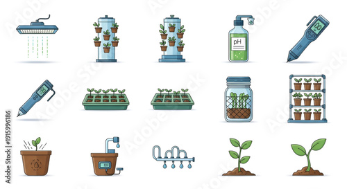 Hydroponics, aeroponics, and aquaponics flat outline vector icons, smart farming systems for plants