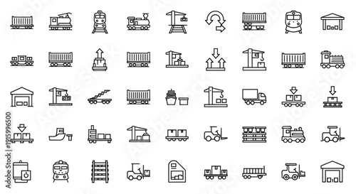 Set of logistic and transportation icons for shipping and delivery services including trains trucks and cranes