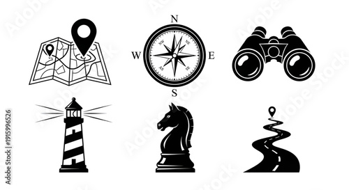 Navigation and strategy icons set including map compass binoculars lighthouse chess knight and road