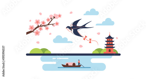 A stylized illustration of a bird flying over a japanese landscape