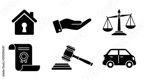 A collection of black and white icons depicting legal, financial, and property concepts