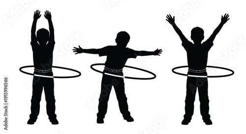Sequence of three black silhouette illustrations depicting a young boy successfully hooping around his waist with varied arm positions demonstrating physical fitness and coordination exercises