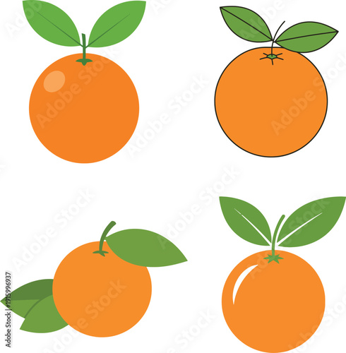 Four Oranges with Green Leaves on White Background fruit citrus