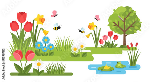Colorful spring scene featuring tulips daffodils butterflies bees and a frog