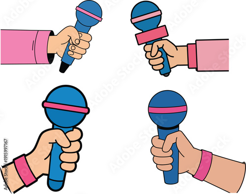Set of hand holding microphone vector illustrations for news reporting interviews podcasting and press conference media broadcasting events