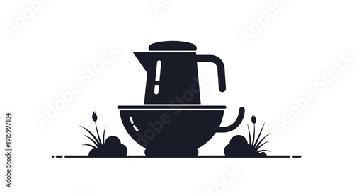 Stylized black silhouette of a teapot and bowl with floral elements