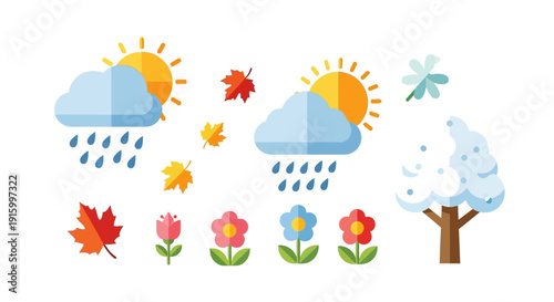 Colorful weather icons and seasonal elements depicting various climate conditions