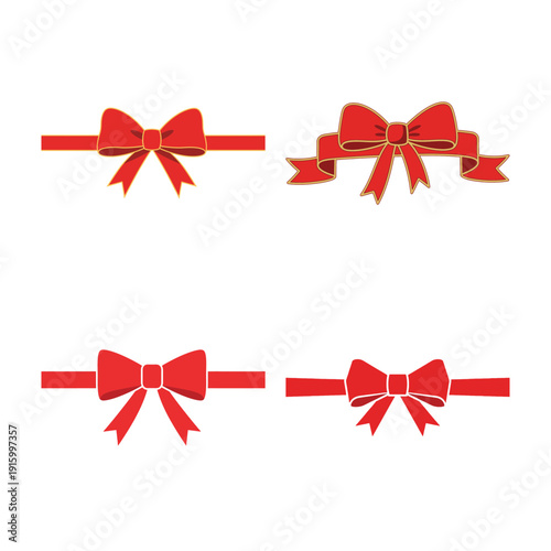 Four Red Bows and Ribbons on White Background gift present