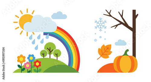 Colorful weather icons and seasonal elements depicting climate variations