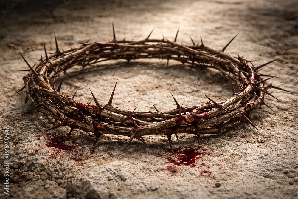 Fototapeta premium Rustic thorn crown on sandy terrain with three crosses afar capturing the sorrow and hope of Easter story.