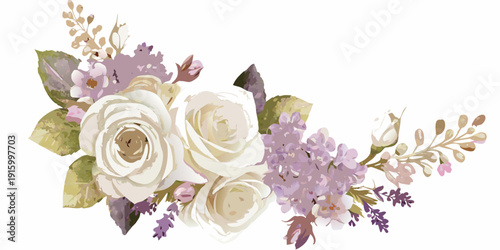 Watercolor floral arrangement featuring white roses lavender and greenery in a loose organic style