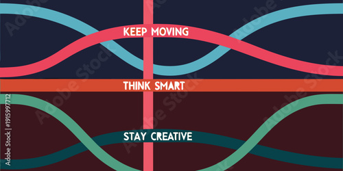 Abstract design with pink teal and orange curves and motivational text phrases