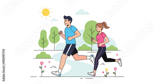 A couple joyfully running together on a path in a sunny park