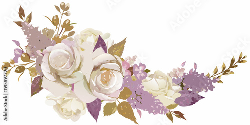 Elegant floral arrangement featuring roses lilacs and foliage on a white background