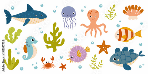 Colorful cartoon illustration of various marine life including fish jellyfish octopus and coral reefs