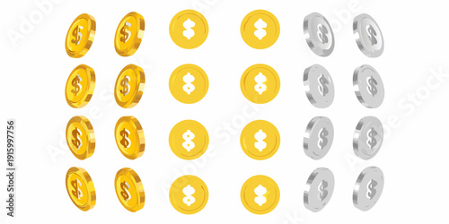 A pattern of gold and silver dollar coins arranged in a grid on a white background