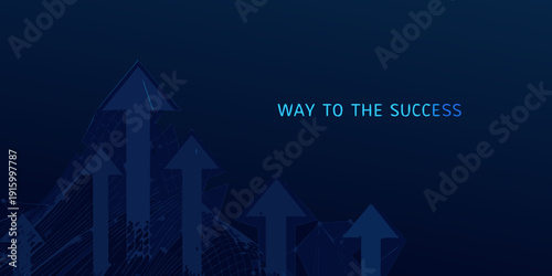 Blue gradient background with upward arrows and text conveying a path to success