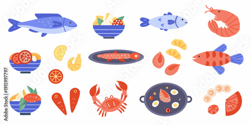 Assorted seafood illustrations including fish shrimp crab and sushi bowls on a white background