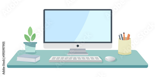 Computer Monitor Blank Display Screen with Flower Pot and Pencil Box. Desktop, Pc, laptop Modern Desk Workspace Flat Vector Illustration