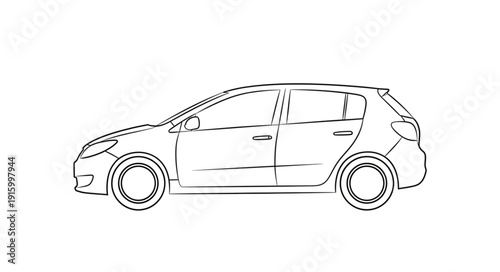 Outline drawing of a modern compact hatchback car side view.
