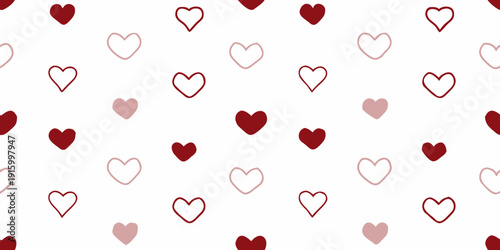 A white background with scattered red and pink hearts in various sizes and orientations