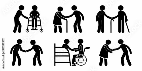 Silhouette icons depicting elderly care support assistance and mobility challenges for seniors