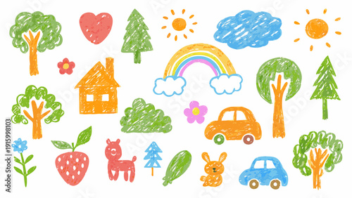 Child s crayon drawing depicting a whimsical landscape with trees clouds a rainbow and various objects