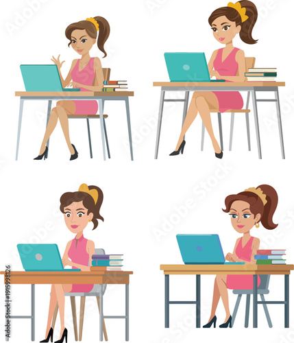Set of professional businesswoman character vectors working on laptop at office desk for remote work concept, female freelancer studying with books