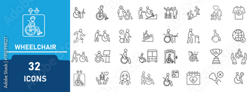 Wheelchair   Line Art Icon Set. Contains icon related to Accessibility, Inclusive Healthcare, Mobility Assistance, Disabled People Care, and more. Editable Stroke Outline Icons