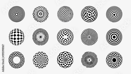 A collection of monochrome circular patterns and optical illusions arranged in a grid format