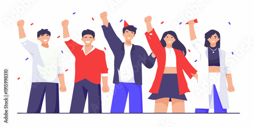 A group of diverse young adults celebrate with raised arms and confetti in a joyful illustration