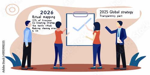 Business professionals collaborating on a global strategy with timelines and a transparency pact