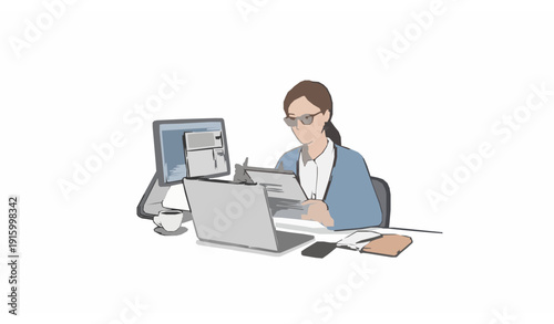 Hand-drawn female engineer vector illustration checking computer program