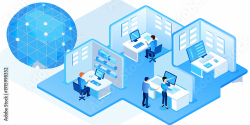Isometric illustration of a modern office space with people working and a digital globe