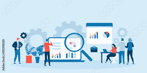 Business team analyzing data with a magnifying glass showcasing strategic planning and growth
