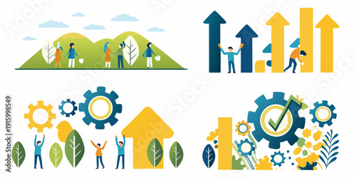 Illustration depicting growth progress and teamwork with gears trees and upward pointing arrows