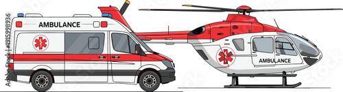 Ambulance van and medical rescue helicopter vector set emergency healthcare transport illustration