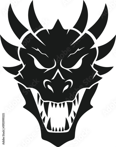Black silhouette of a fierce dragon head with sharp teeth and horns
