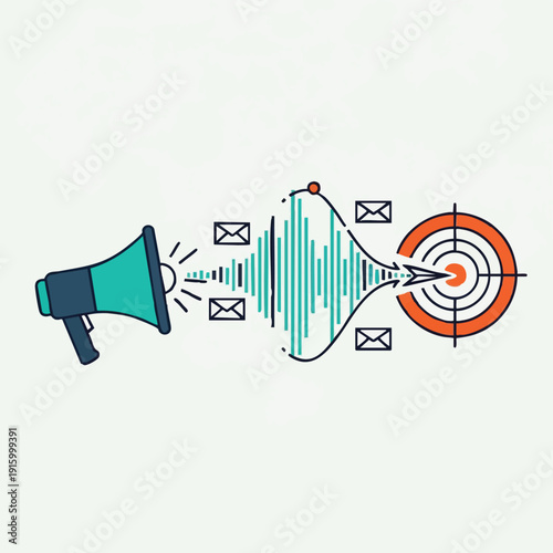 Targeted Marketing Funnel: Megaphone Spreading Data and Emails to Bullseye Goal. Line Art Strategy Illustration.