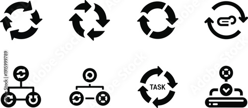 Set of black circular refresh and workflow icons on white process collection