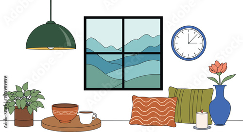 Cozy modern living room interior illustration with plants, cushions, wall art, lamp, clock, and home decor elements